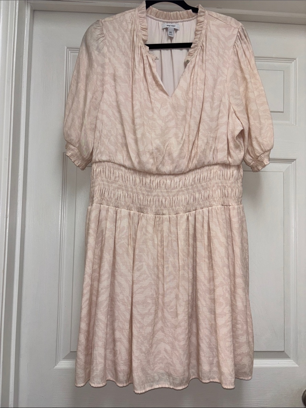 Nine West Pale Blush Textured Smocked-Waist Mini Dress